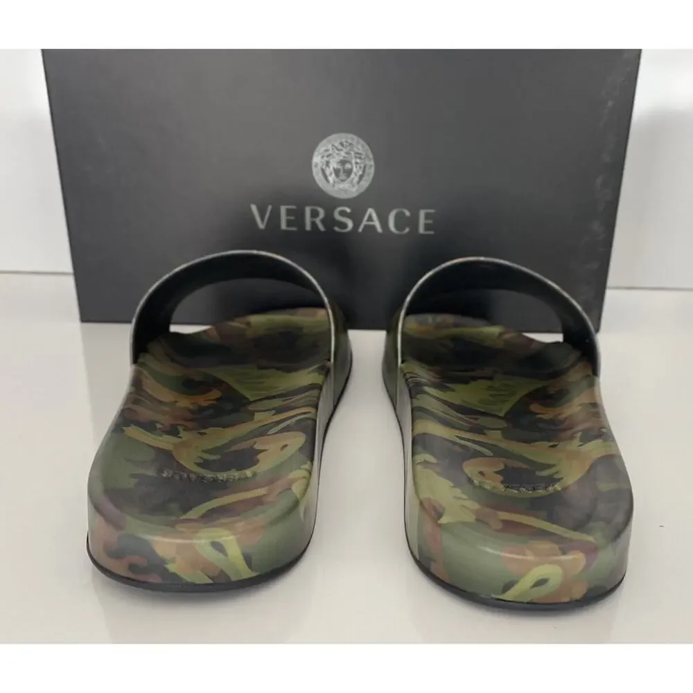 NIB $395 Versace Baroccoflage Slides Sandals Khaki 9 US (42 Euro) IT DSU6516
